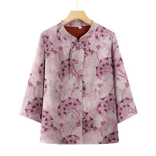 Middle-Aged and Elderly Women's Cotton Silk Shirts, Spring and Autum New Styles, Mother's Autum Shirts, Three-Quarter Sleeves, Summer Grandma's Large Size Tops
