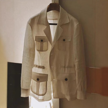 复古猎装外套春夏季新款休闲多口袋西服夹克重磅亚麻工装潮流上衣