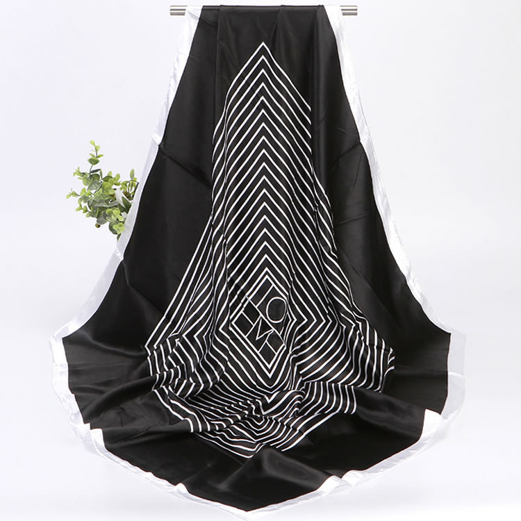 Women's Silk Scarf Black And White Striped Printed Square Accessory_voghion.com