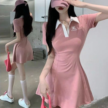 性感韩系小个子POLO学院风连衣裙新款网红收腰甜辣校园风A字短裙