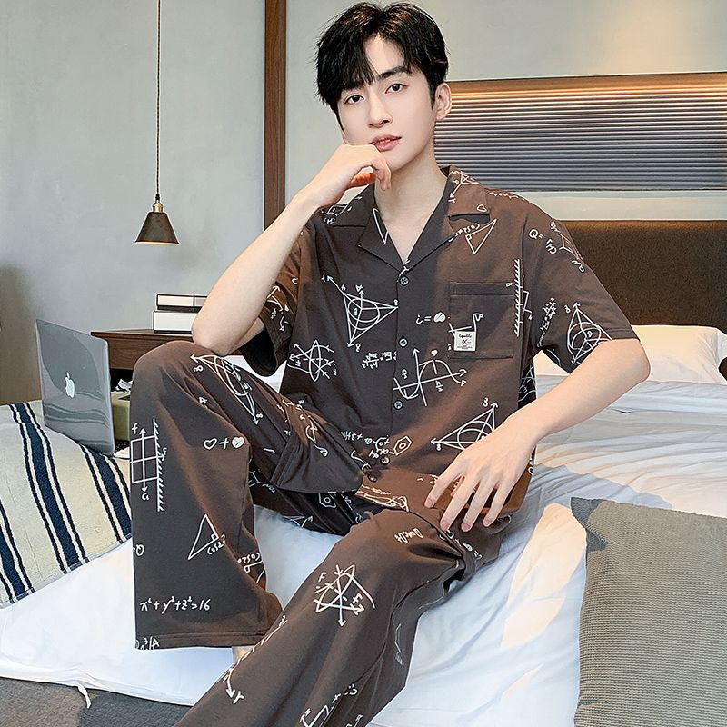 Pajamas de algodón para hombres coreanos, pantalones largos de mangas cortas de verano, ropa delgada para hombres, set de ropa exterior