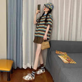 夏季新款休闲运动服套装女条纹时尚学生宽松短袖短裤两件套