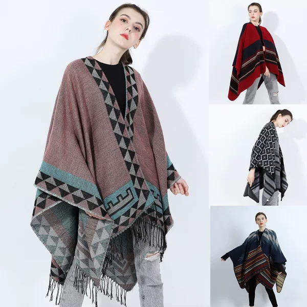 Cross-Border European and American 2026 Ethnic Style Split Hem Large Shawl Cape Retro Fashion Simple Shawl Blanket Direct Source Supply