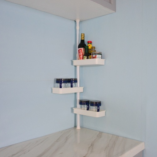 A ceiling-to-floor corner shelf for the kitchen that can be extended without drilling, a corner spice rack, and the manufacturer's code.