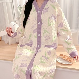 Lunar Clothing Spring and Autumn Air Cotton Sandwich Postpartum Nursing Nightdress with Chest Pad Pregnant Women Nursing Nightdress