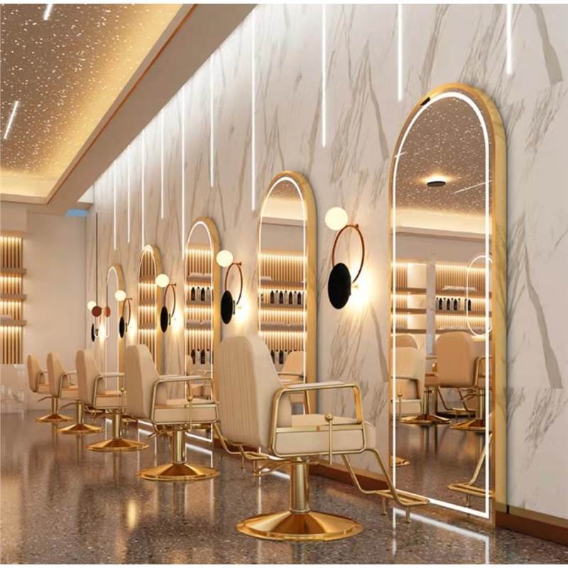 Barbería en línea tabla de espejo salón especial tipo pared simple barbería espejo de piso LED tabla de espejo de escaldado control táctil