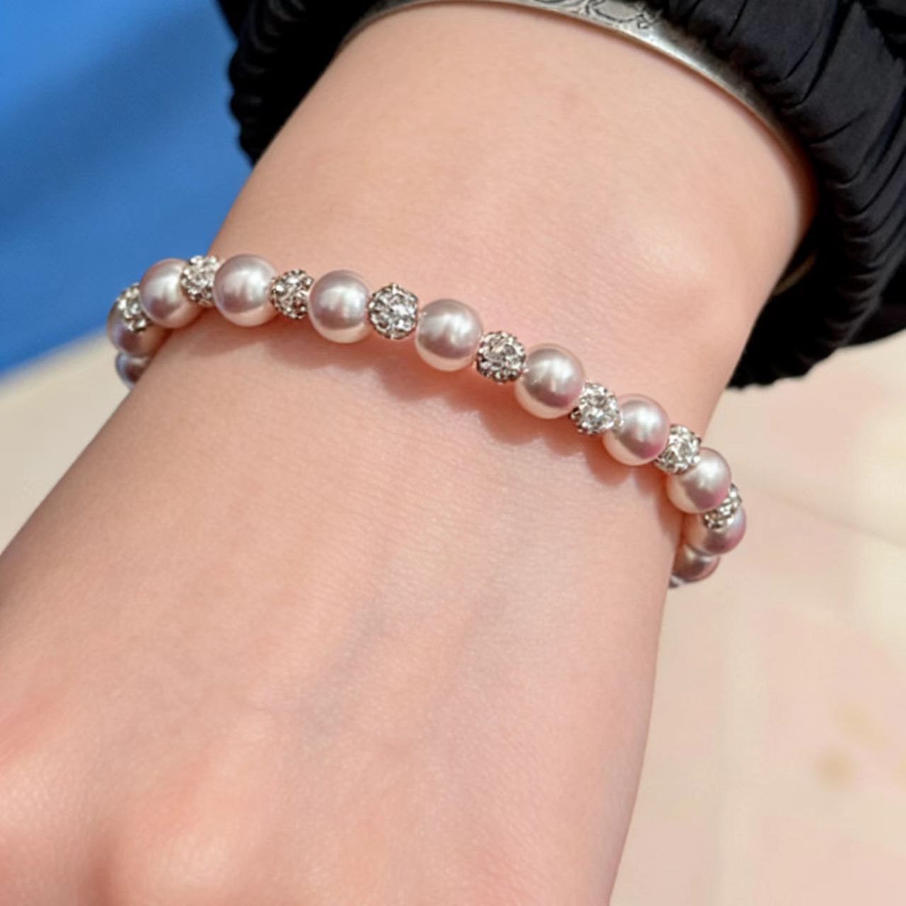 【탄력 스트링 팔찌】 스몰 사이즈 6+4mm 만타 로즈 진주 큐빅 볼 팔찌