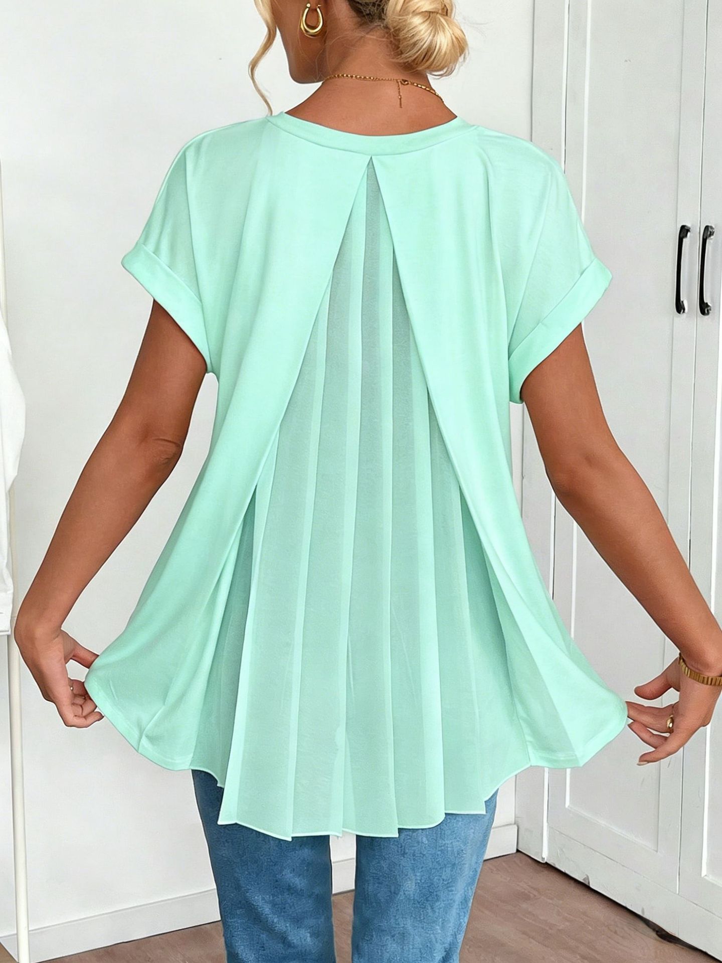 Women's Clothing Spring Women's Cross Border Top V Neck Short Sleeve Pleated Fashionable And Stylish Women's Clothing_ecoleips.com