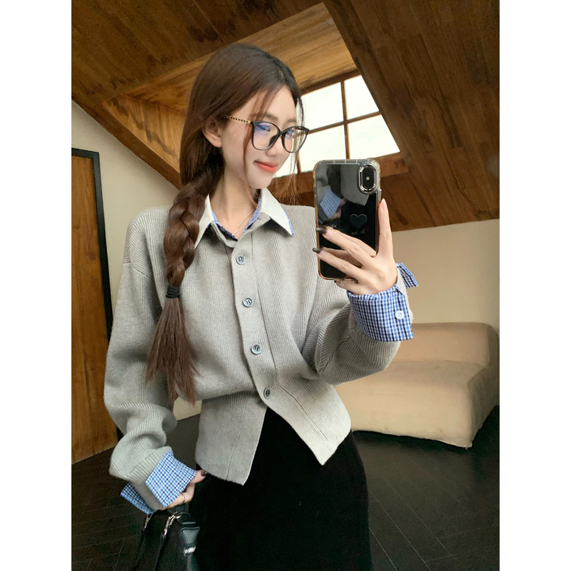 假两件衬衫领针织衫毛衣女年穿春秋新款显瘦撞色内搭收腰上衣|undefined