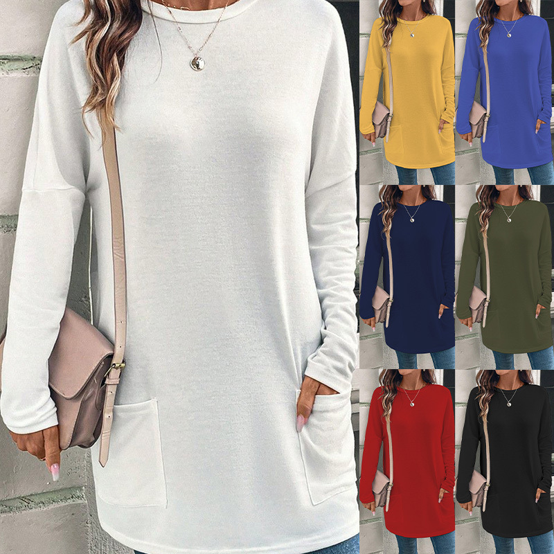独立站热卖2024跨境热卖欧美女装纯色长袖宽松圆领口袋上衣t恤