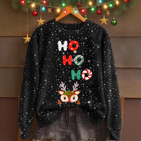 Spring and Autumn New 2025 Women's Christmas Elk Print Pattern Round Neck Sweatshirt Lightweight, Plaid, Casual and Loose Spring and Autumn New 2025 Women's Christmas Elk Print Pattern Round Neck Sweatshirt Lightweight, Plaid, Casual and Loose