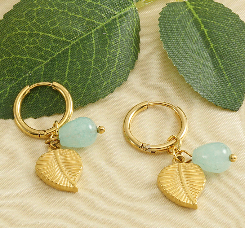 Drop Earrings Classification 1 Pair Quantity 1 Pair Retro Leaves Inlay 304 Stainless Steel Natural Stone 18K Gold Plated Stainless Steel Earrings