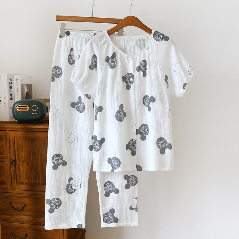 Crewneck Cardigan Crepe Cotton Spring Summer Autumn Thin Women's Short-sleeved Trousers Pajamas Set Cotton Soft Crepe Home Clothes