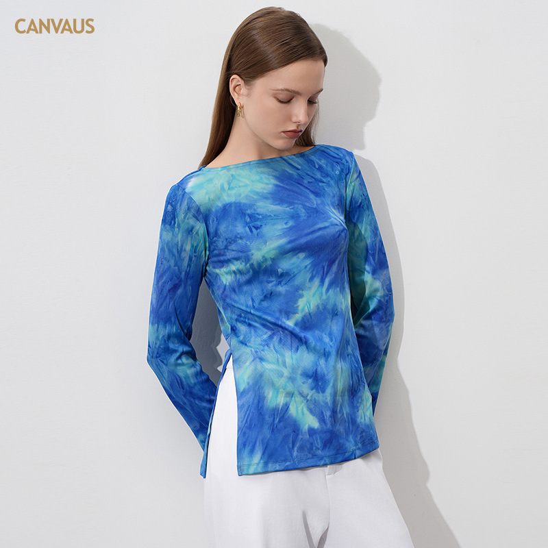 Year-End Clearance 10% off Autumn and Winter Women's New Long-Sleeved T-Shirt Women's Tie-Dye One-Line Collar Slit Oil Painting Retro Top