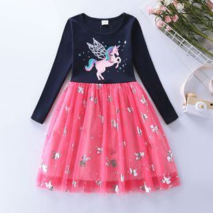 Children and girls long-sleeved cartoon unicorn printed autumn mesh stitching dress LH1702