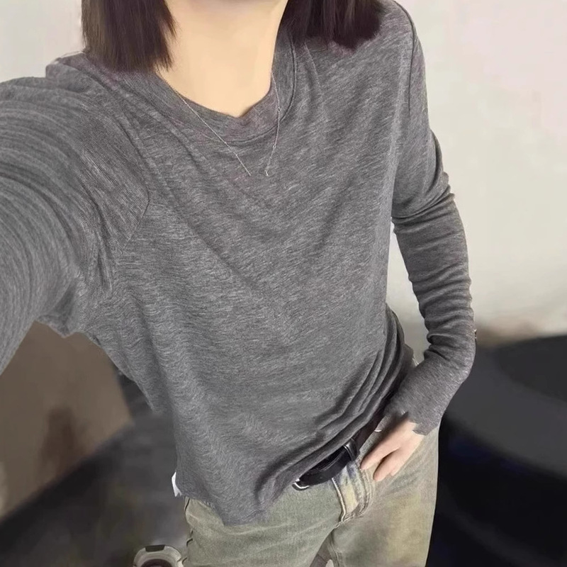 Minimalist Style ~ Yangtze Yarn Fine Wool Small Round Neck Knitwear Women's Thin Gray Long-Sleeved T-Shirt Loose Top