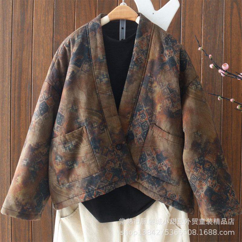 民族风印花夹棉加厚短款棉服女装蝙蝠袖宽松厚外套