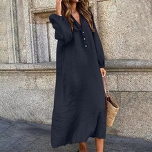 2025外贸欧美新款女装棉麻长款不规则连衣裙休闲纯色宽松长款长裙