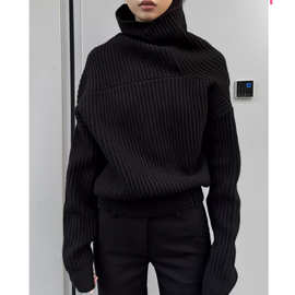 2025秋冬小众不规则高领加厚质感宽松毛衣女简约风设计感上衣 潮