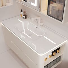 シンプルなクリーム風洗面台陶磁器一体盆現代トイレ知能実木浴室キャビネットセット洗面器