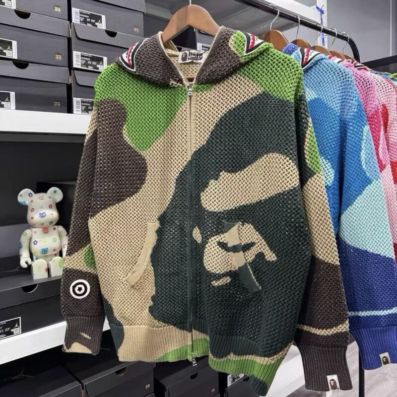 ba camouflage knit dopamine hollow shark hoodie, Japanese-style shark knit sweatshirt for men and women, trendy all-season wear