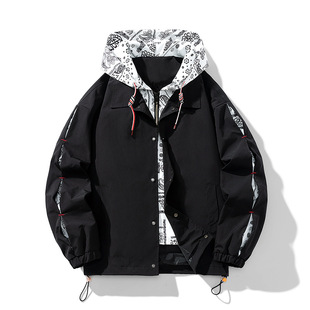 New Cashew Flower Hong Kong Style Fake Two-piece Jacket Youth Baseball Suit Hooded Jacket Men's Spring and Autumn Jacket Men