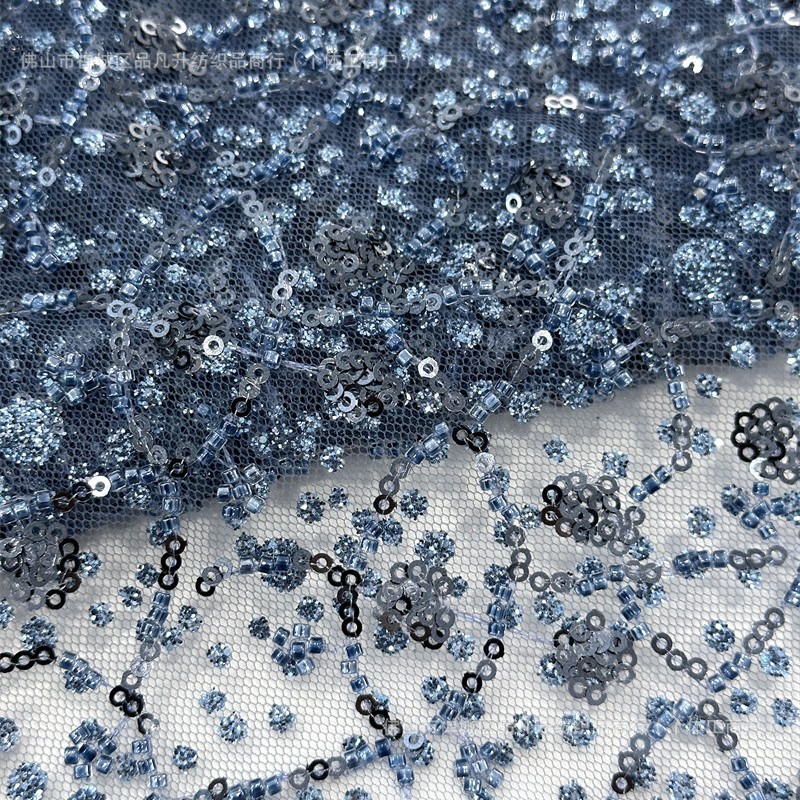 Sequinilla dorada tela bordada tubo de perlas tela bordada moda alta tela de vestido de boda suministro de stock