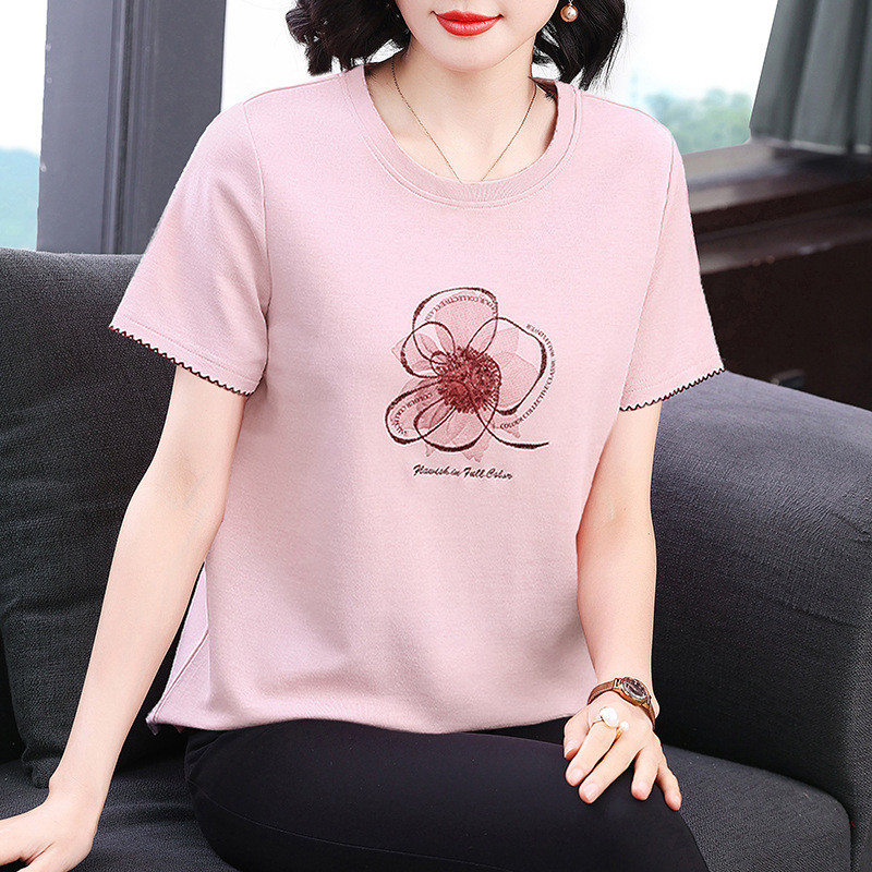 Plus-Size Middle-Aged Mom 2025 Summer New Short-Sleeve Loose Pure Cotton Slimming Round-Neck Top Women's High-End T-Shirt