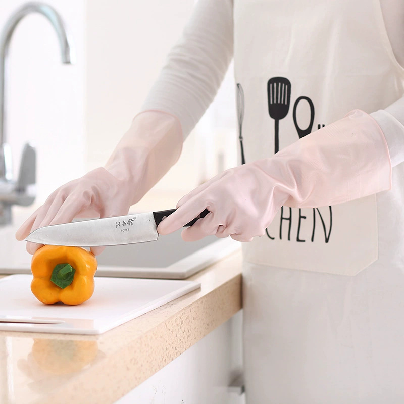 Engrosado flocado guantes de cocina para el hogar lavado de vajilla de limpieza de lavandería trabajo doméstico guantes de goma a prueba de agua forrado de lana al por mayor