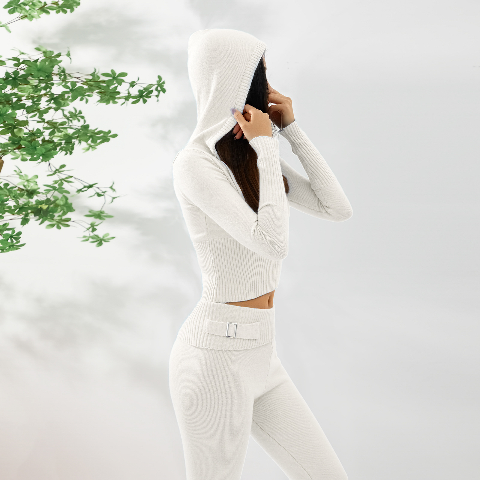 Ensemble deux pièces en tricot à capuche pour femme, pantalon sexy à manches longues et taille haute, à la mode_voghion.com
