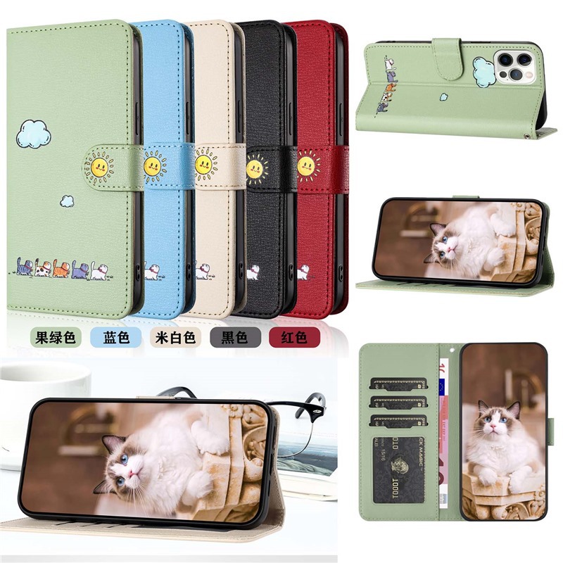 适用OPPO A16/A56/A79卡通猫翻盖式手机皮套 防摔可爱日韩保护壳