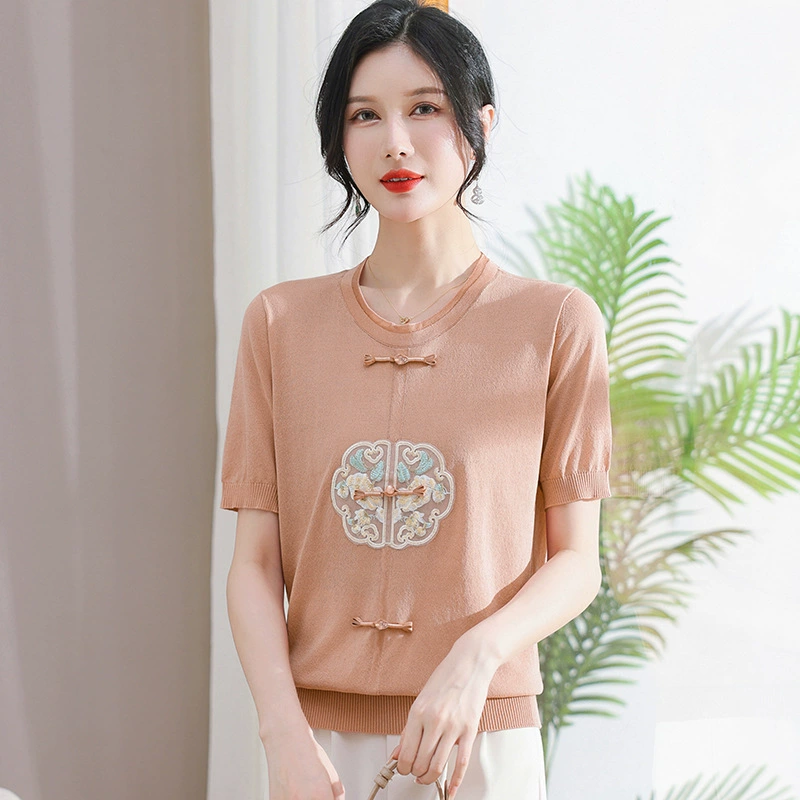 Летняя трикотажная одежда для женщин среднего возраста, мода 2025 года, стильная и омолаживающая базовая рубашка для женщин среднего и старшего возраста