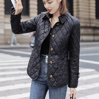 wish人气款速卖通翻领单排扣保暖纺丝棉服女士修身版菱形绗缝棉服