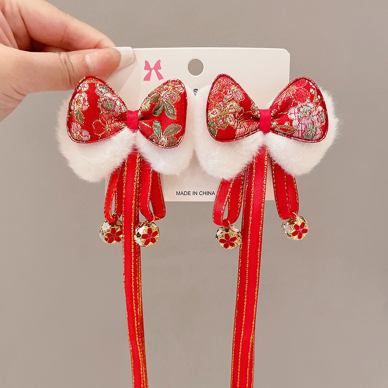 2023 niñas lindo conejo horquilla borla horquilla BB clip accesorios para el cabello rojo Año Nuevo lado clip accesorios para el cabello tocado