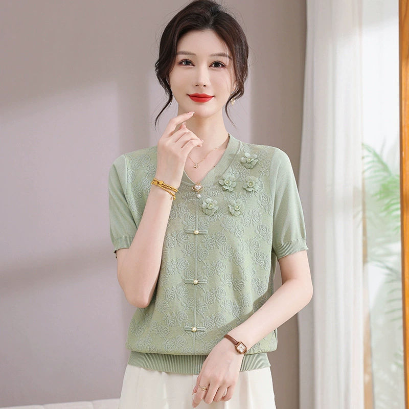 2025 весна и осень мама мода минус возраст трикотажные рубашки весна и осень новая средняя и пожилая женщина осенний темперамент топ с отворотами