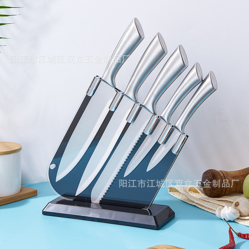Fábrica en stock cuchillos de seis piezas de acero inoxidable manejar cuchillos de cocina con almacenamiento cuchillo titular cuchillos traje al por mayor