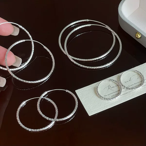 S925 Sterling Silver Cnc Engraved Sparkling Hoop Earrings, Basic Style Earrings with a Fashionable and Unique Niche Design