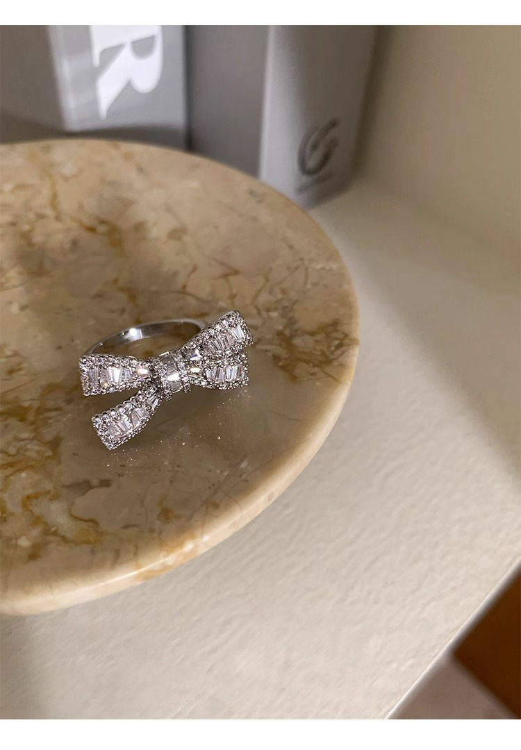 Sterling Silver Bowknot Zircon Ring For Women Adjustable Designer_voghion.com