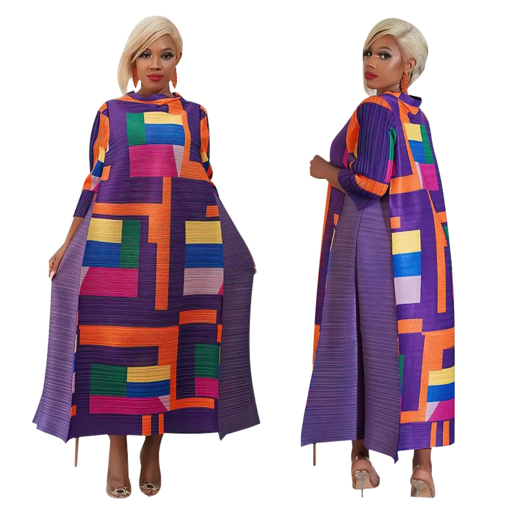 K10500 ropa de mujer de moda transfronteriza europea y americana miyake popular cuello redondo impreso vestido plisado nuevo image 6