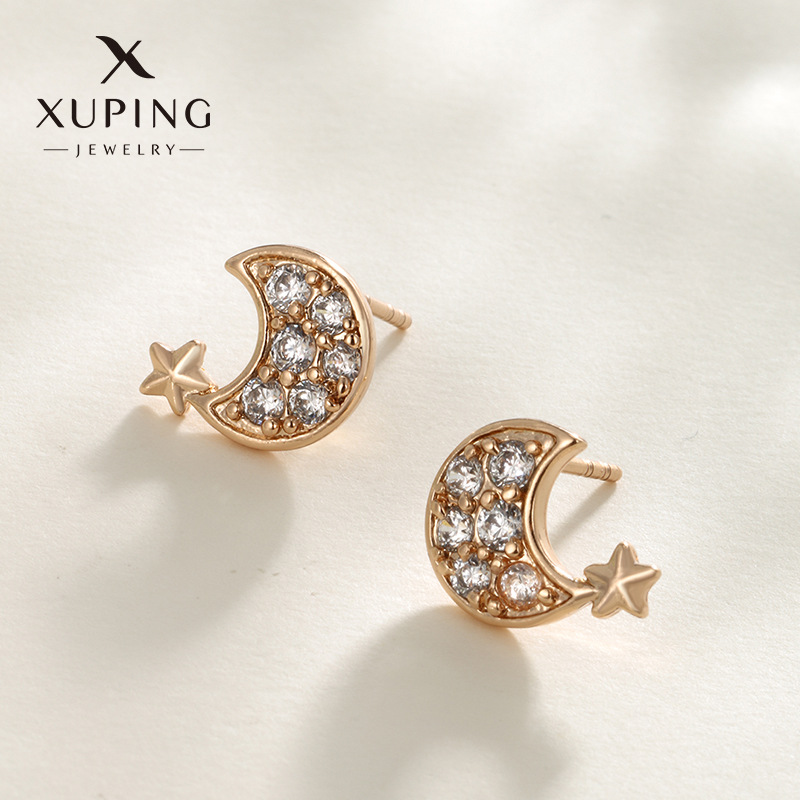 Joyería Xuping aleación de diamante completo pendientes de zircón ligero de lujo de alto nivel sensación de pendientes lindos japoneses y coreanos pendientes de luna estrella para mujeres