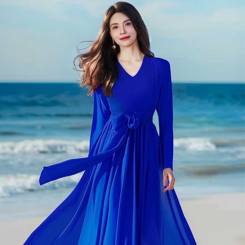 Long skirt with a full hem, solid color, over-the-knee length, chiffon dress, long sleeves, slimming effect, beach dress, seaside vacation dress Long skirt with a full hem, solid color, over-the-knee length, chiffon dress, long sleeves, slimming effect, beach dress, seaside vacation dress
