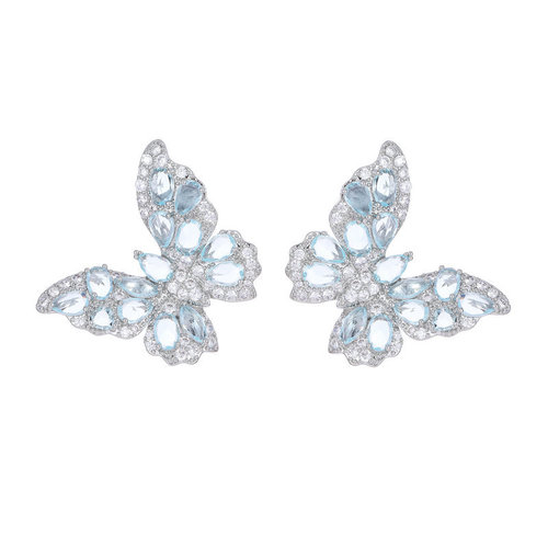 New European and American earrings, heavy industry, high-end color zircon earrings for women, s925 silver needle three-dimensional butterfly earrings