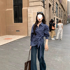 设计感不规则绑带开叉条纹衬衫女春季新款时尚气质高级感长袖衬衣