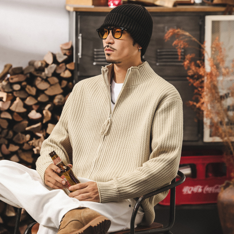 American Retro 7-Pin Heavy Cardigan Knitwear for Men in Spring & Fall New Style Lazy Style Stand-Up Collar Knitwear Jacket for Men in Autumn and Winter