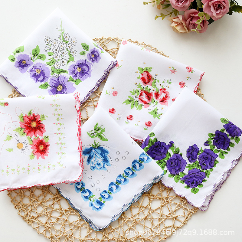 Factory in stock wholesale color printed handkerchief vintage crescent edge ladies handkerchief pastoral style floral square scarf