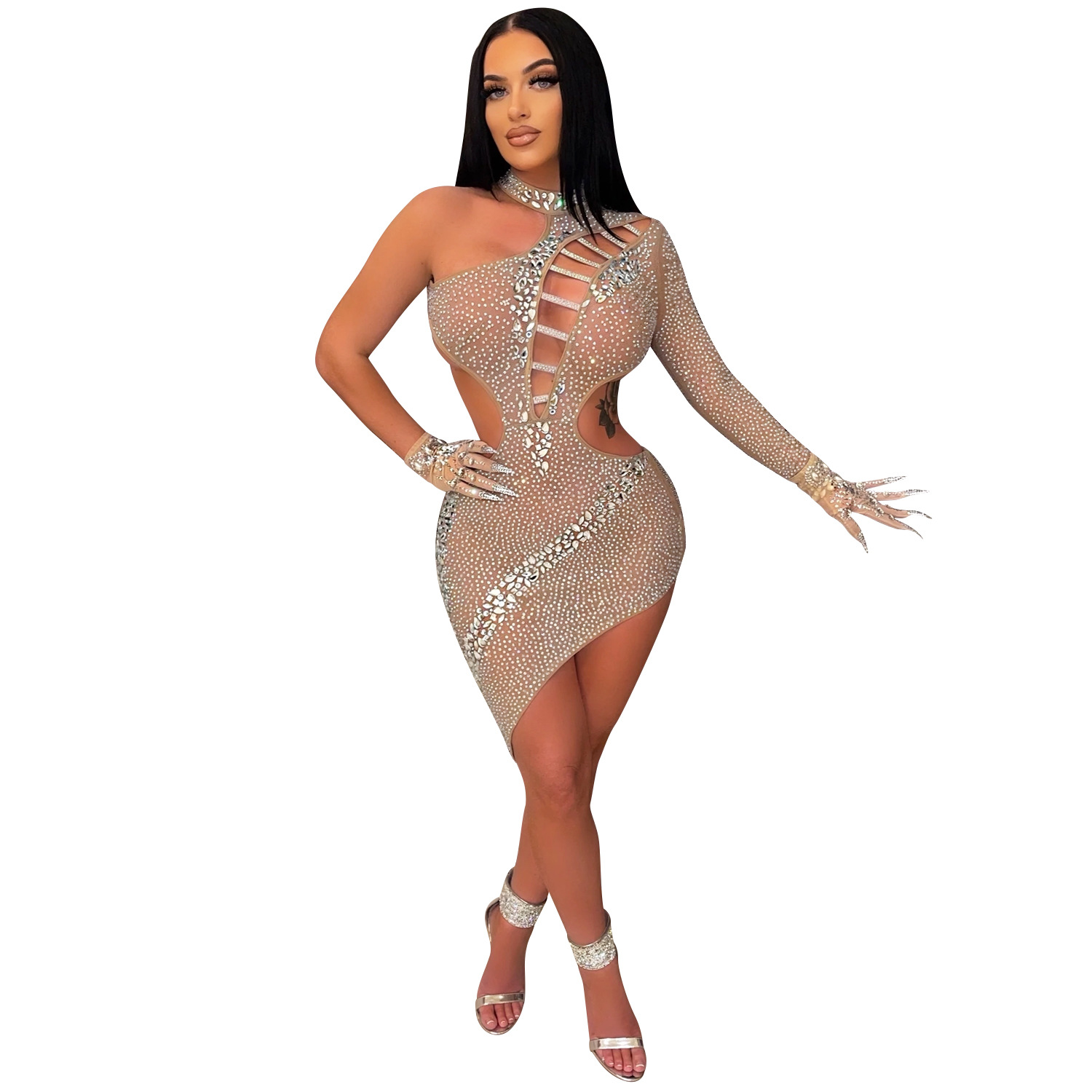 C562 AliExpress moda europea y americana sexy nightclub rhinestone caliente un hombro slant collar hueco backless vestido irregular image 5