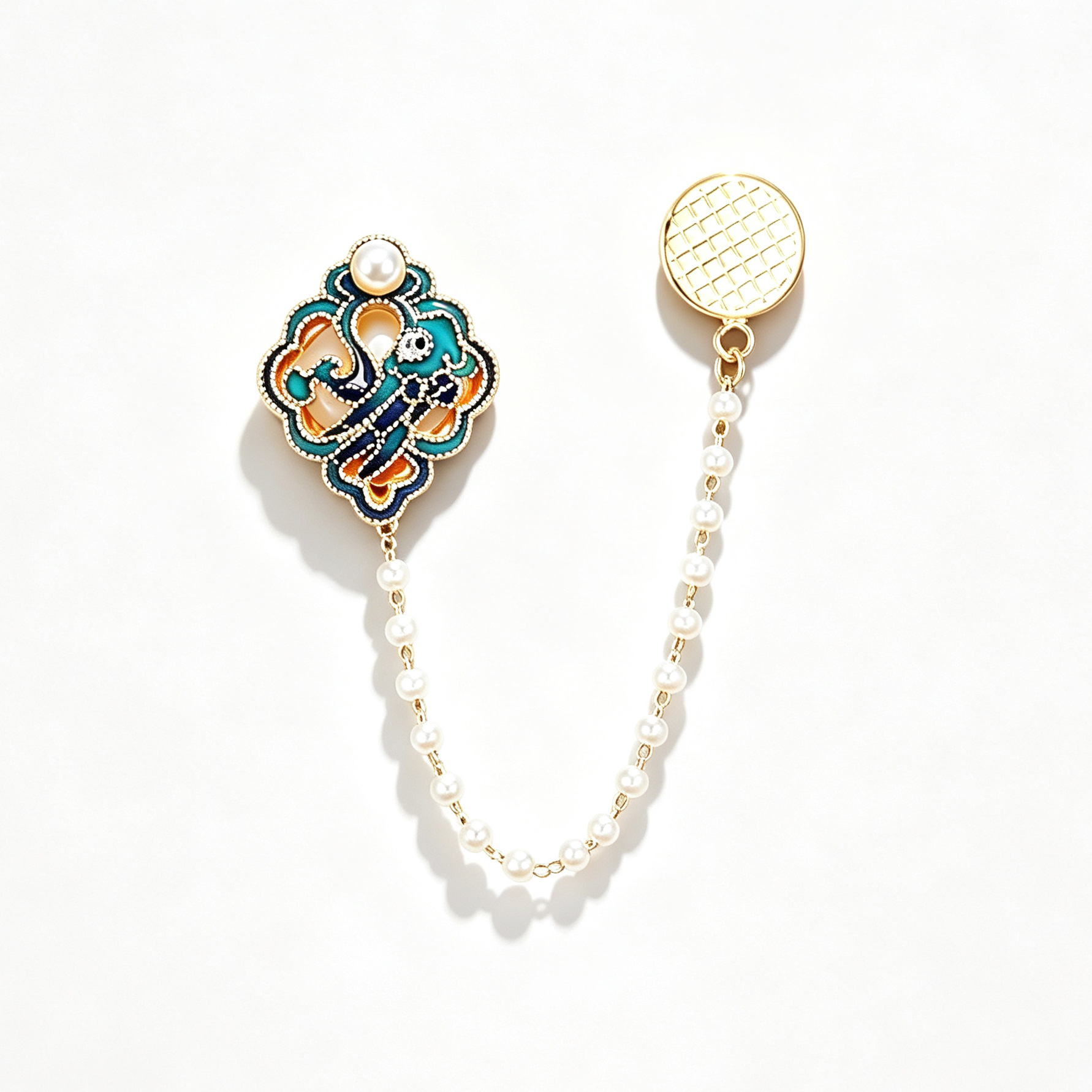 New Chinese-style enamel phoenix brooch, vintage pearl chain pin, Hanfu and cheongsam accessory, anti-slip clasp