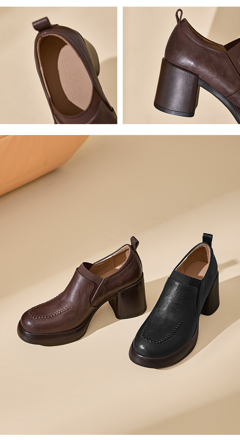 Giày loafer nữ da bò thật đế dày gót vuông 7 cm, miệng sâu, phong cách đơn giản — màu nâu chi tiết 10