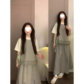 【高腰显瘦】文艺风复古木耳边背心上衣套装春夏季中长款大摆高腰