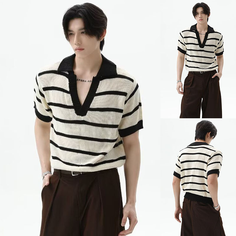 Polo camiseta camiseta de punto camiseta de manga corta camiseta hombre V-collar gaviota cuello rayas huecadas viejas líneas de viento verano fábrica transfronteriza al por mayor image 1